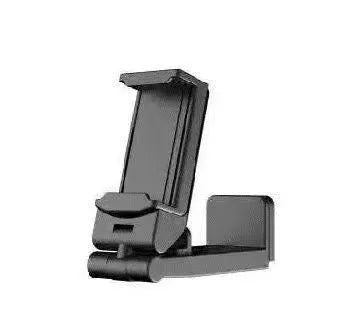 A foldable black phone holder with a rotating head, shown holding a smartphone.