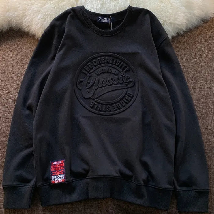 Cotton pullover sweater with scale concave-convex print in loose fit