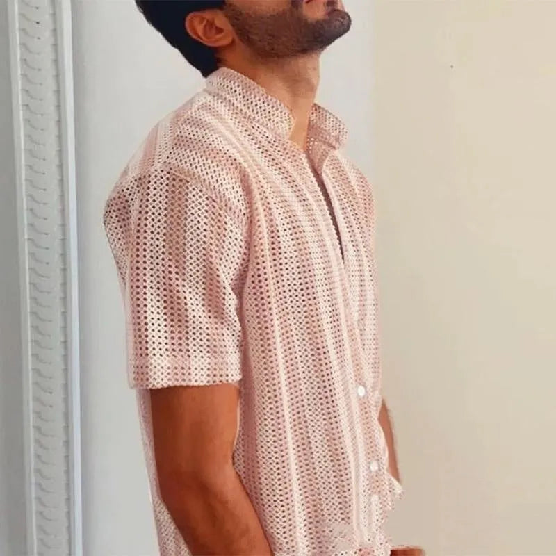 Men's pink short-sleeve cardigan with a loose hole waffle knit texture for summer.