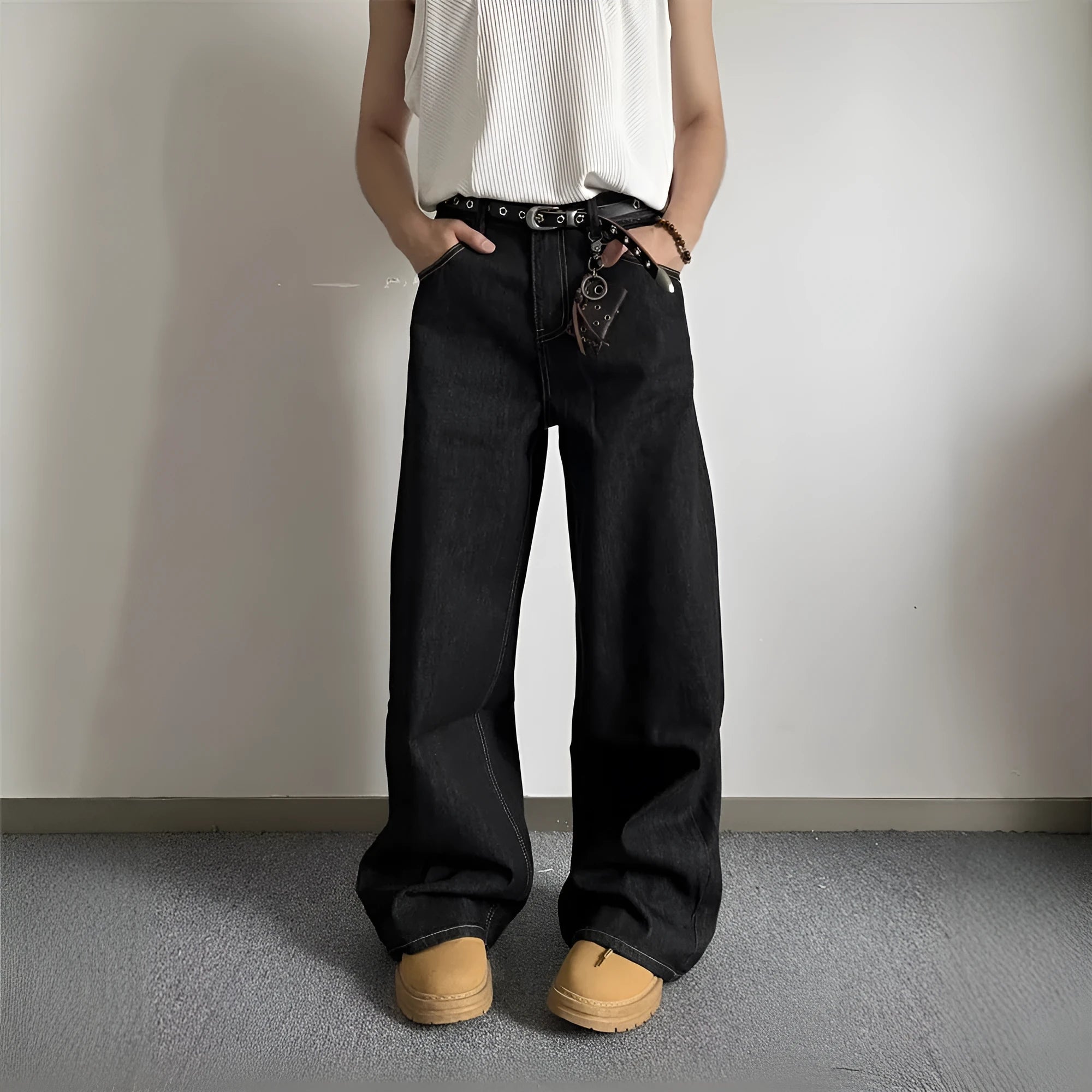 Black retro-style loose wide-leg jeans with straight-leg cut and zip placket closure