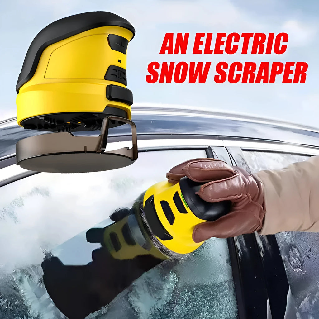 Yellow cordless electric car snow scraper with funnel shape and USB charging cable