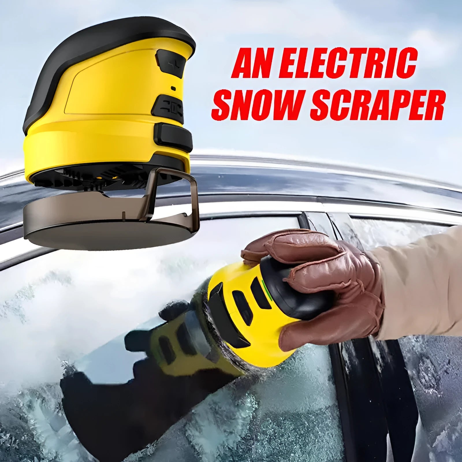 Yellow cordless electric car snow scraper with funnel shape and USB charging cable