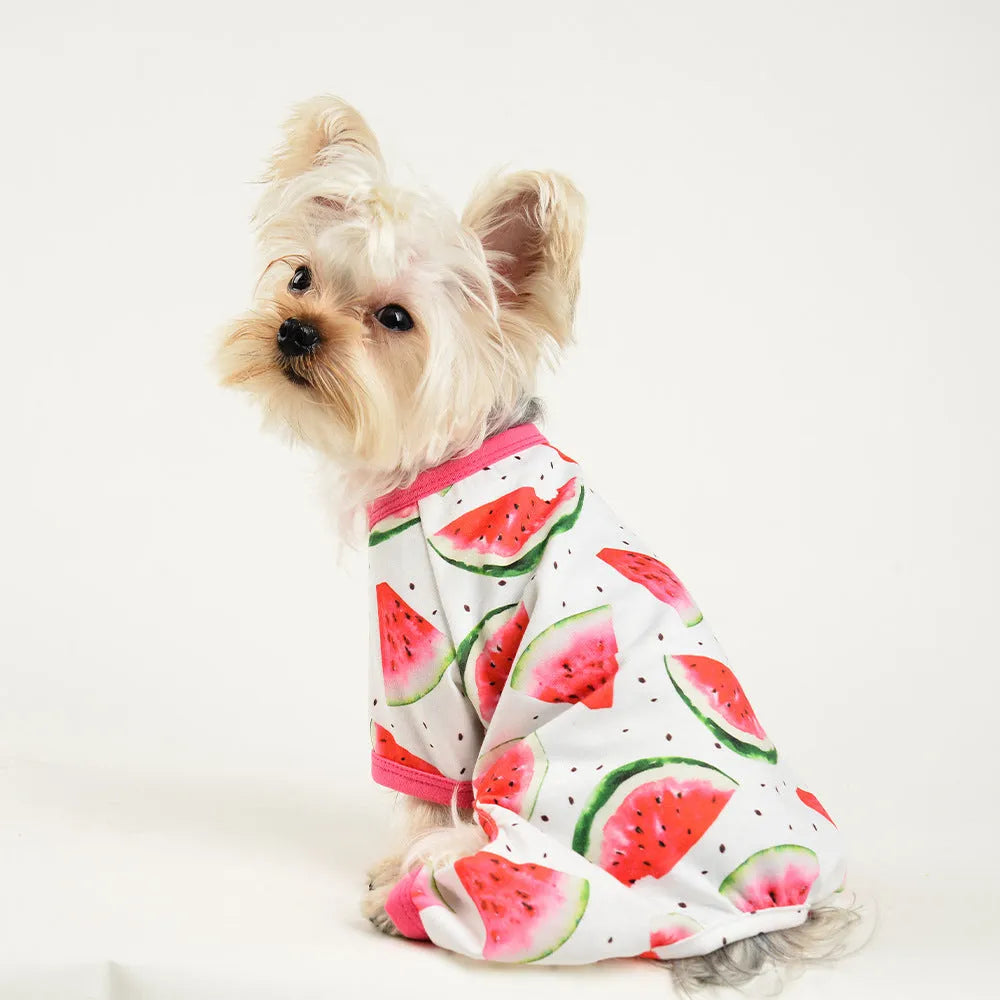 Four-legged dog jumpsuit in watermelon red print made from polyester, available in multiple sizes