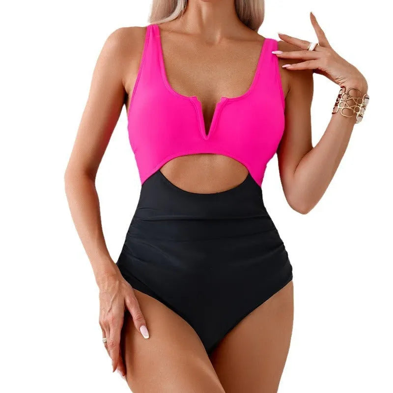 Women's one-piece swimsuit with contrast colour-block pattern in nylon fabric