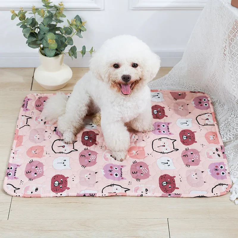 Washable waterproof pet training pad showing printed design options and size comparison