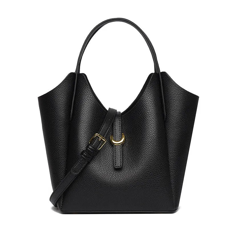 Genuine leather women's retro bucket bag with hand holding design in black, beige, khaki or lake blue colour