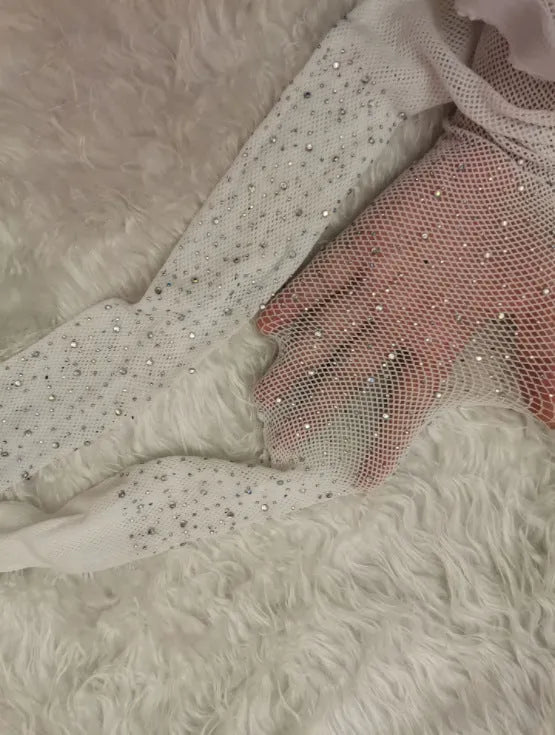 Sheer diamond mesh fishnet stockings in skin tone, black and white colours
