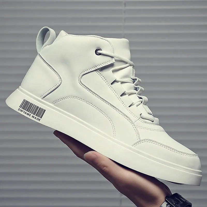 Men's white mid-top casual lace-up board shoes with a flat rubber sole on a solid background.