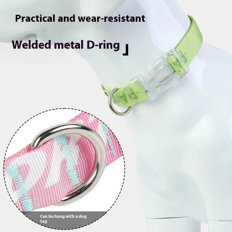 Adjustable nylon dog collar with a colourful cartoon gradient print and a metal D-ring, shown in panda green.