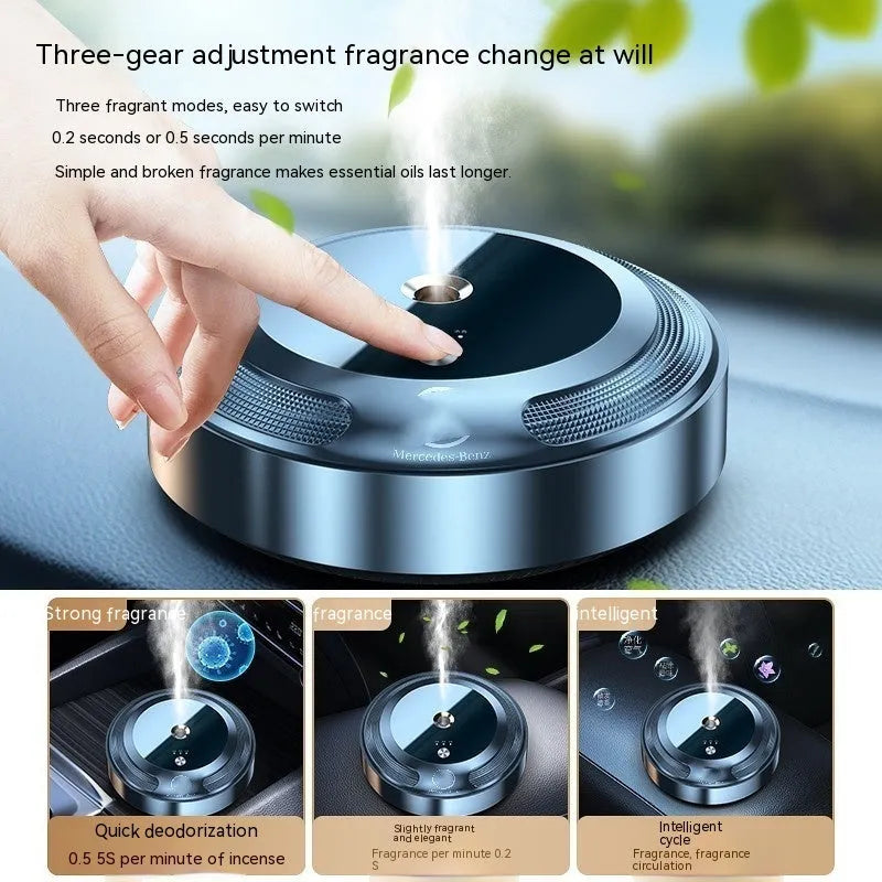 Automatic car air freshener with zinc alloy shell showing three fragrance bottles and charging cable