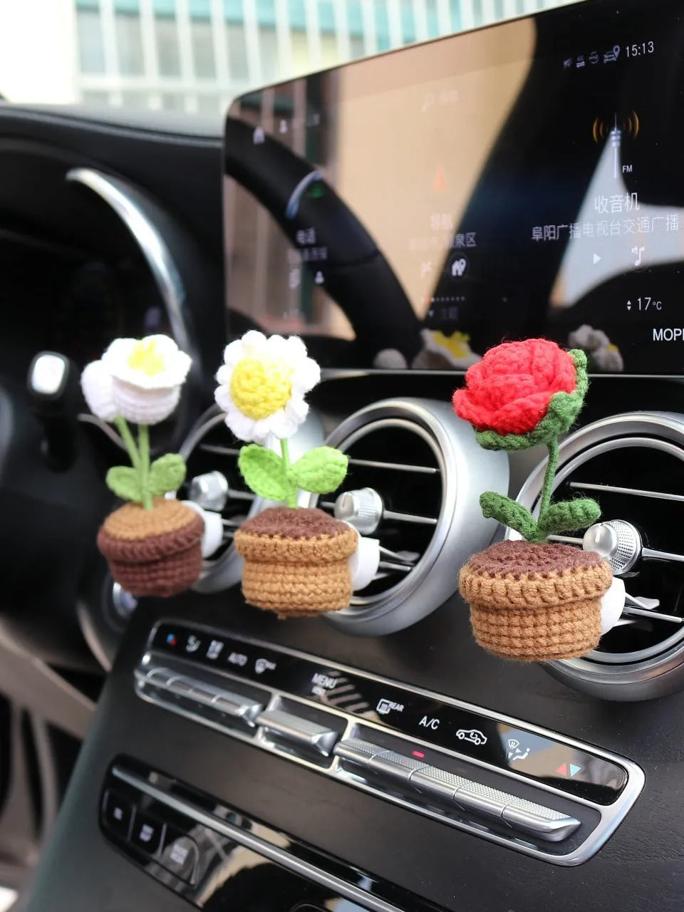 Wool car air vent aromatherapy clip with potted plant floral design in multiple colour options