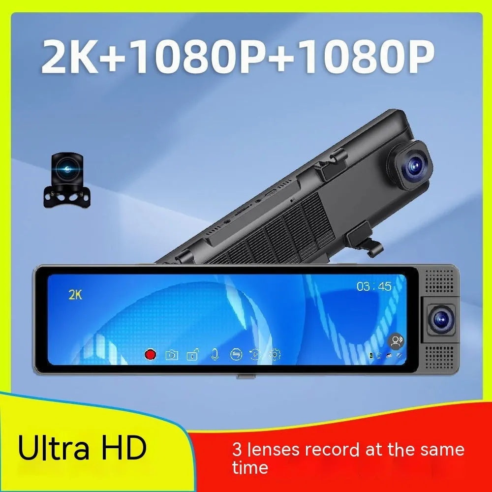 12-inch car video recorder integrated into rearview mirror with touchscreen display and rear camera