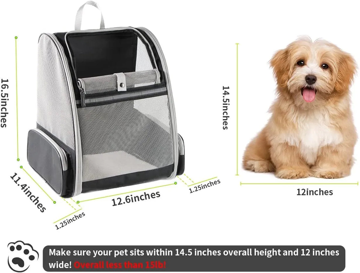 Grey or pink PVC mesh pet carrier backpack for cats and small dogs, 42cm x 31cm x 5cm, with chest buckles and removable mat.