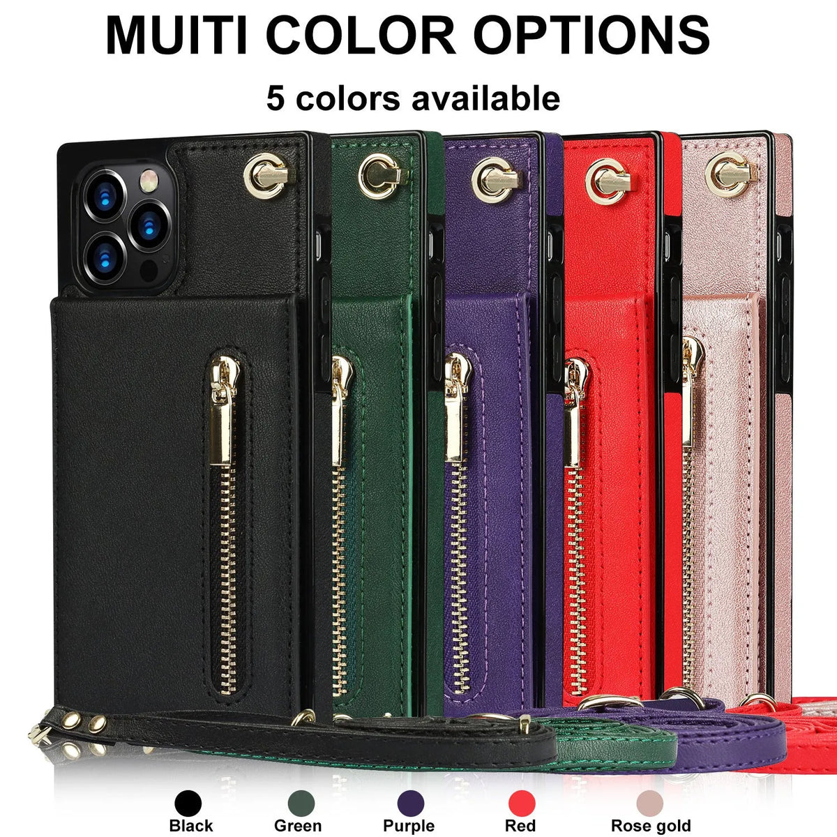 Leather and TPU phone case in black, green, purple, red, and rose gold for iPhone and Samsung models
