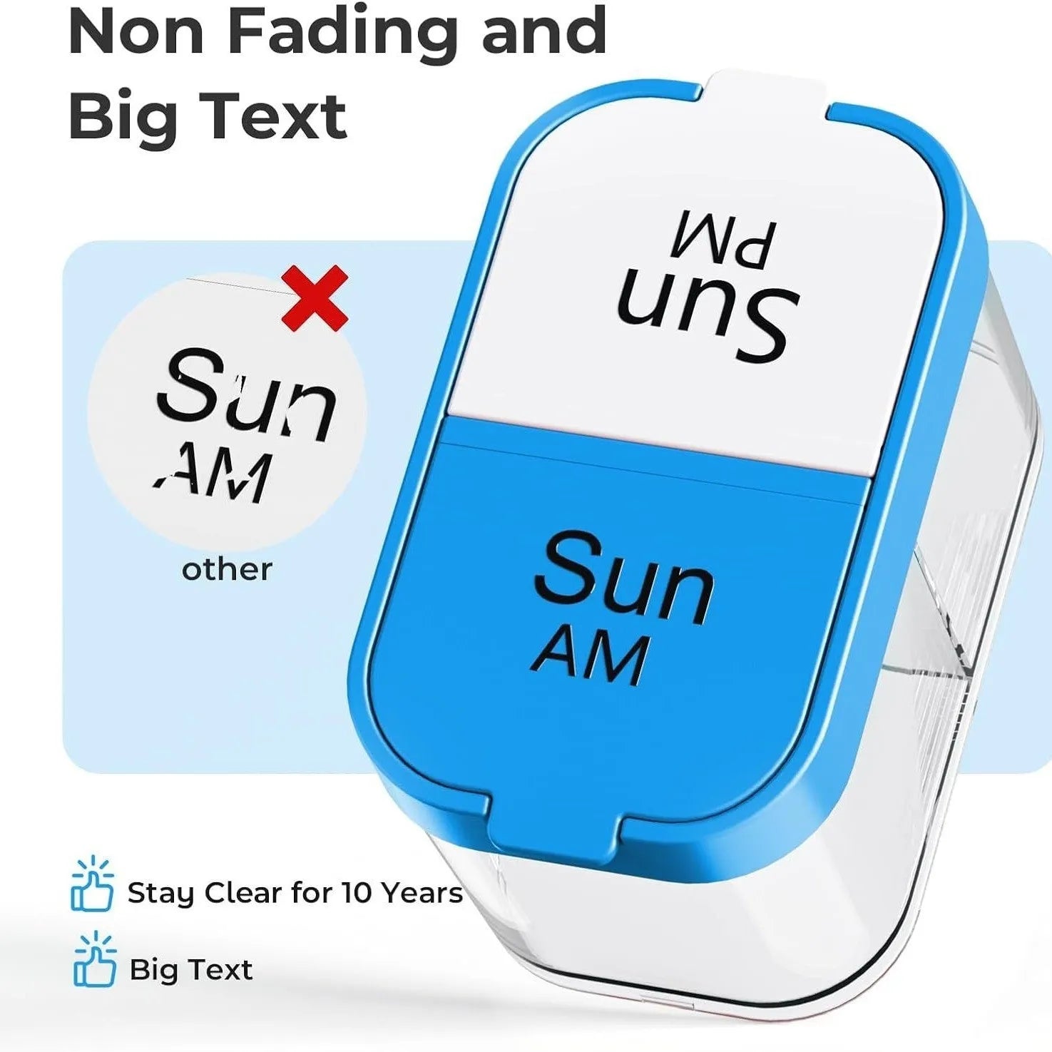 White and rainbow coloured portable pill box dispenser with 14 removable compartments shown open.