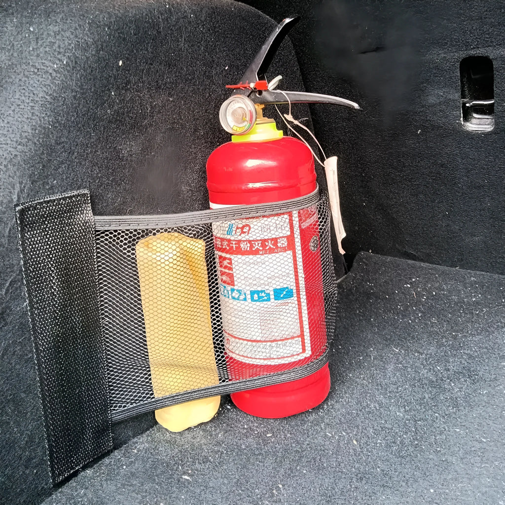 Black elastic polyester storage net for organising items in a car boot, shown in 20x35cm and 20x45cm sizes.
