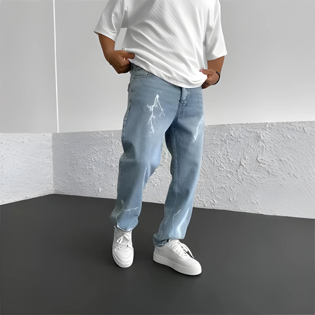 Men's blue straight-leg denim trousers with mid waist and zipper fly closure