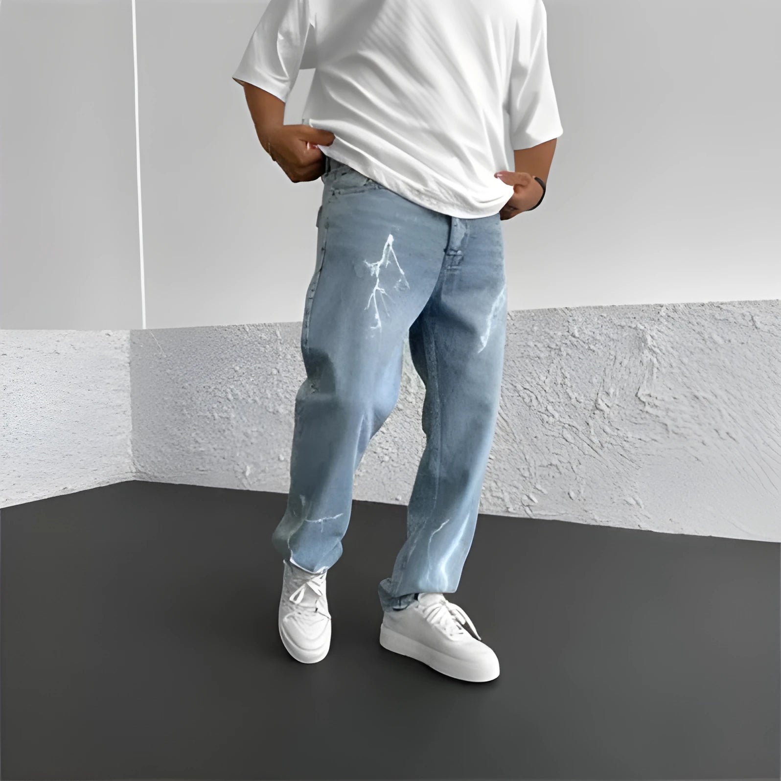 Men's blue straight-leg denim trousers with mid waist and zipper fly closure