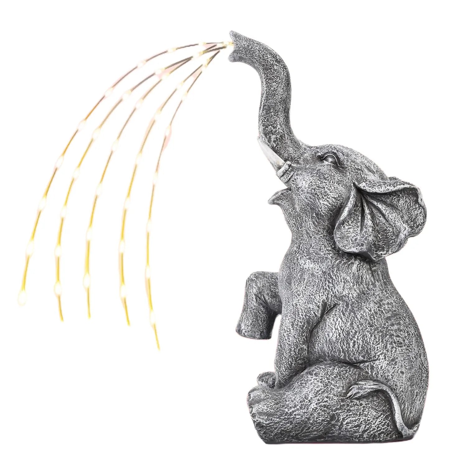 Resin elephant outdoor garden statue with integrated LED light strip.