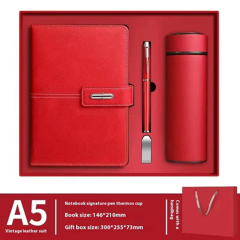 A5 notebook with PU leather cover in choice of colour, shown open on wood-free paper pages.