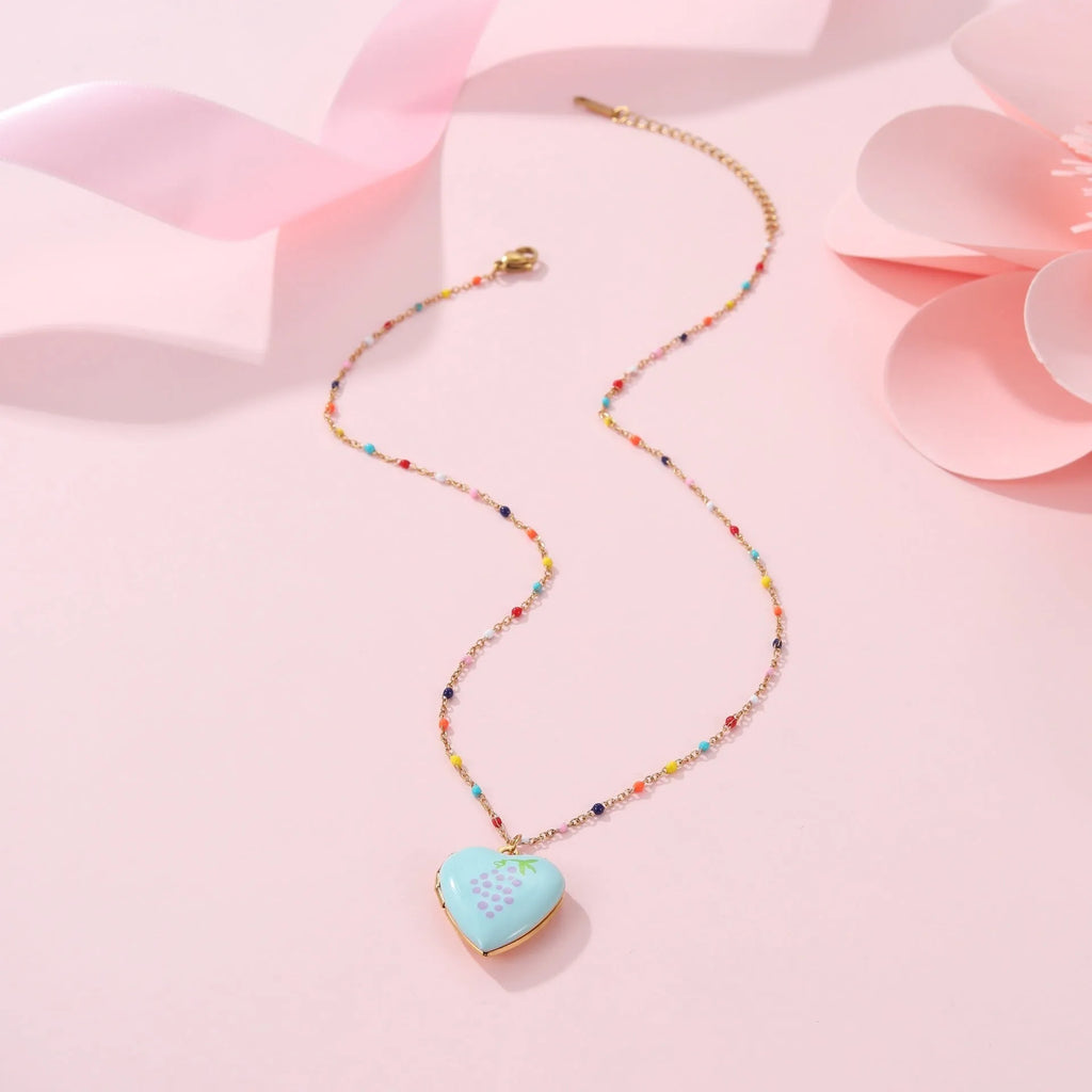 Gold-plated stainless steel necklace with fruit heart pendant on adjustable chain