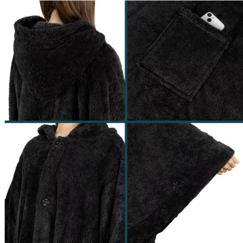 Thickened hooded bathrobe in polyester fabric with cardigan-style closure, shown in available colours