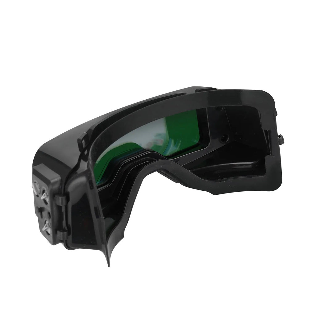 Black automatic darkening welding mask with a large rectangular viewing lens.