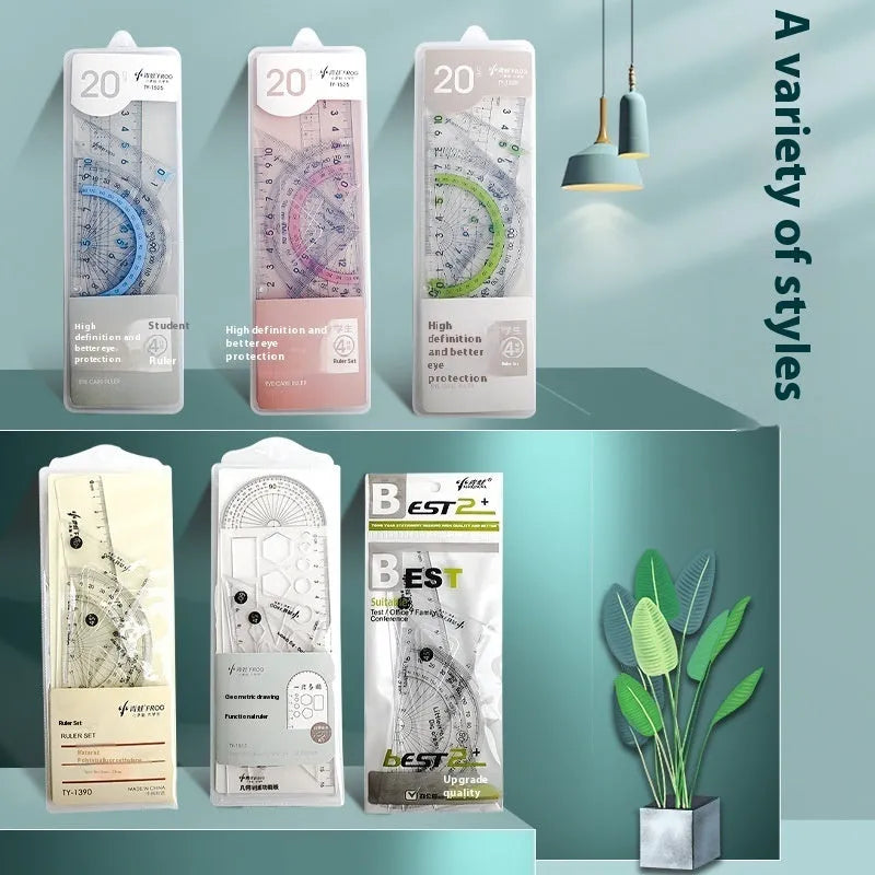 Youpai transparent acrylic drawing ruler set with square and protractor tools on a desk.