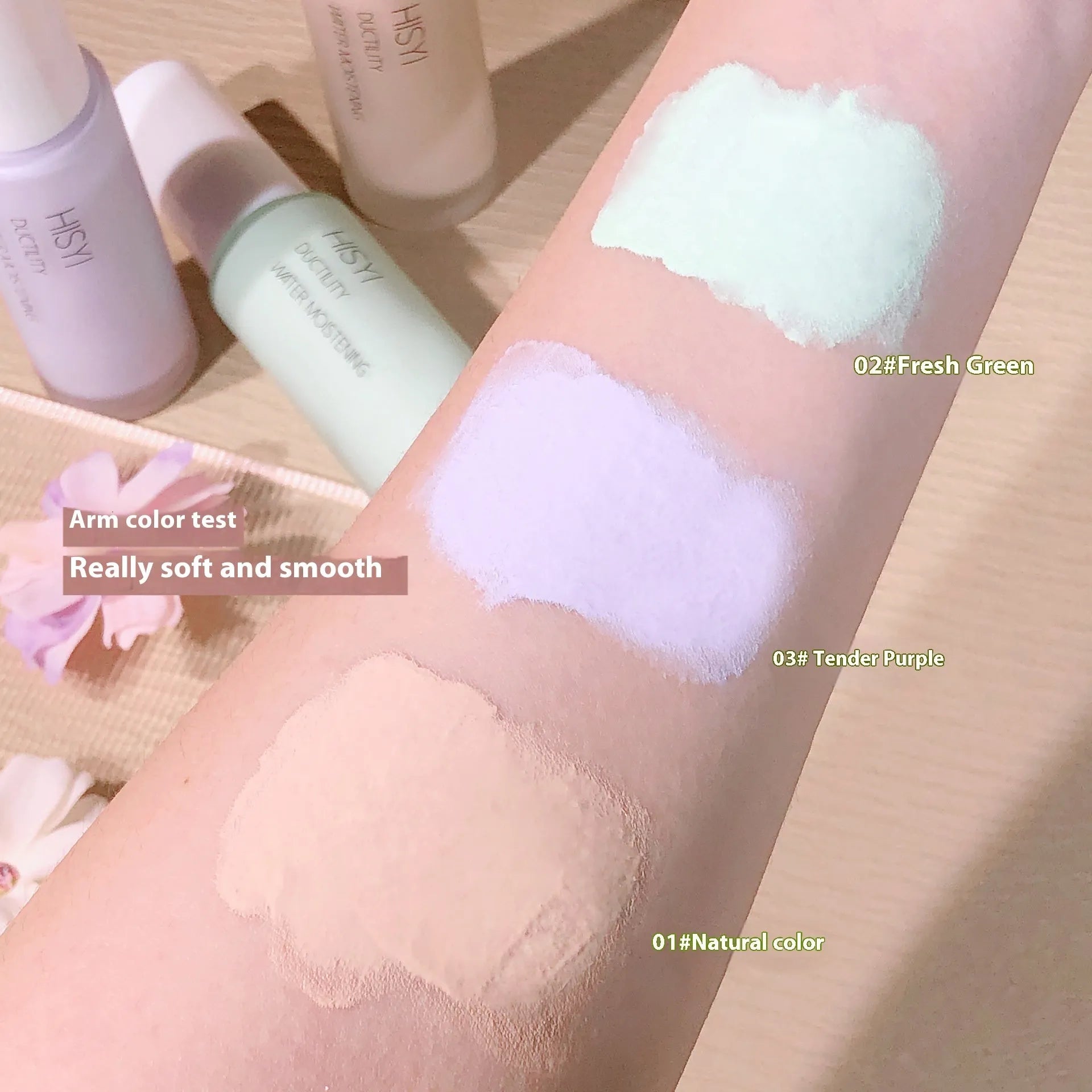 HISYI brightening makeup primer in three shades: 01, 02, and 03.