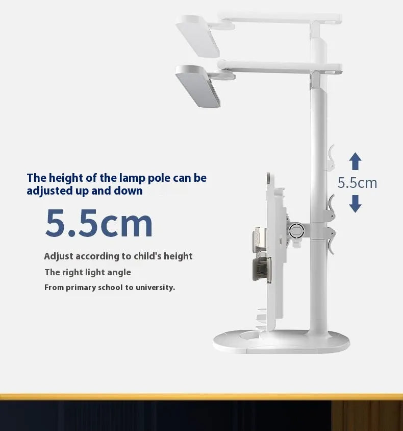 Adjustable black desk lamp with gooseneck arm and clamp, showing three light colour temperature settings.