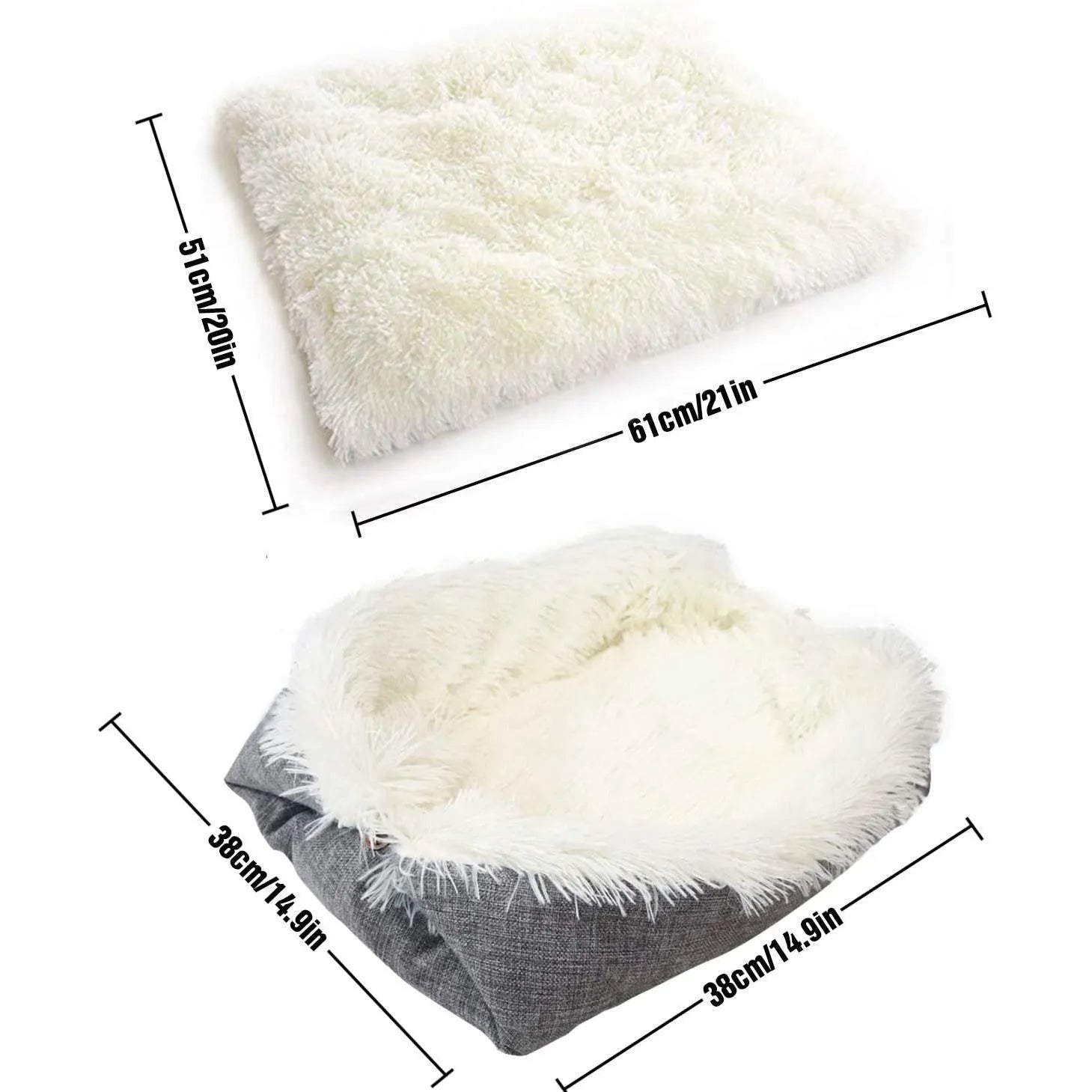 Grey and white pet blanket nest with plush surface and non-slip bottom measuring 61cm by 51cm