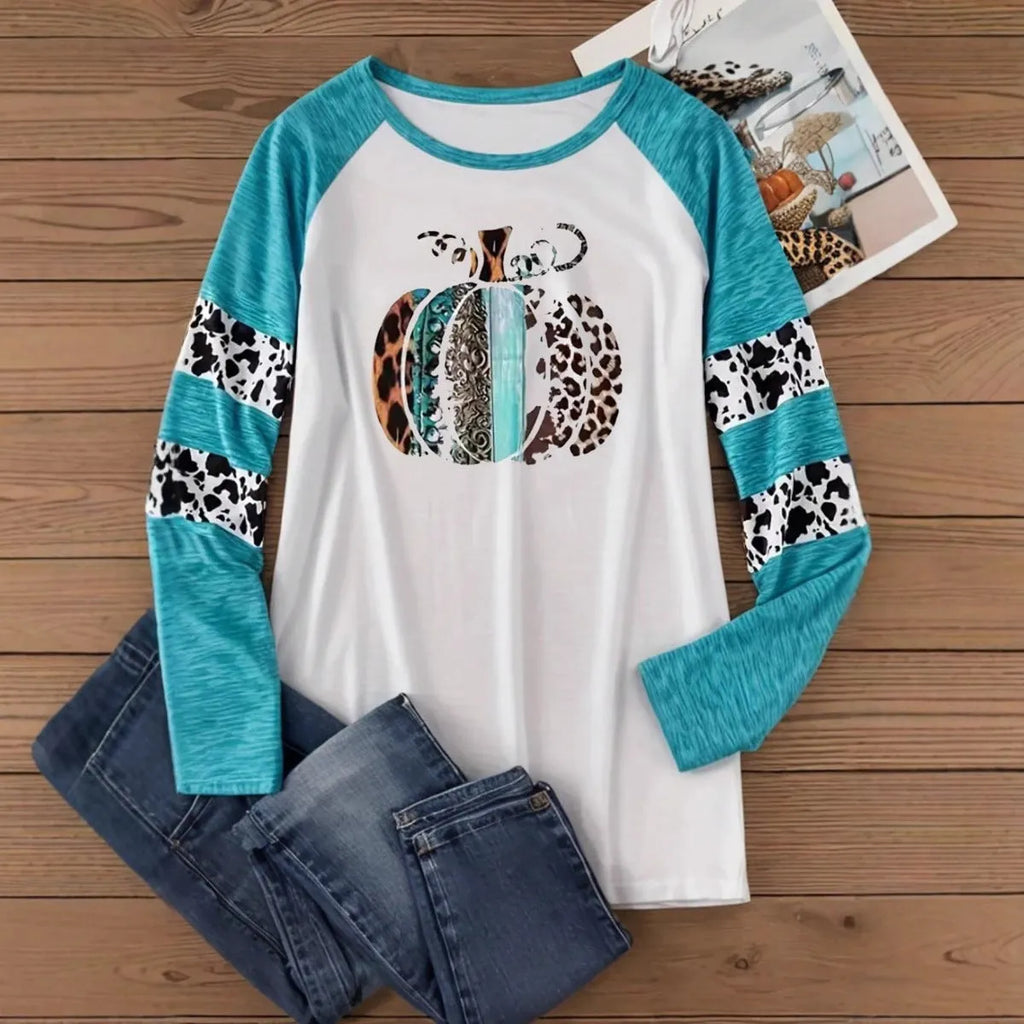 Sky blue long sleeve t-shirt with a detailed 3D digital print of a Halloween pumpkin.