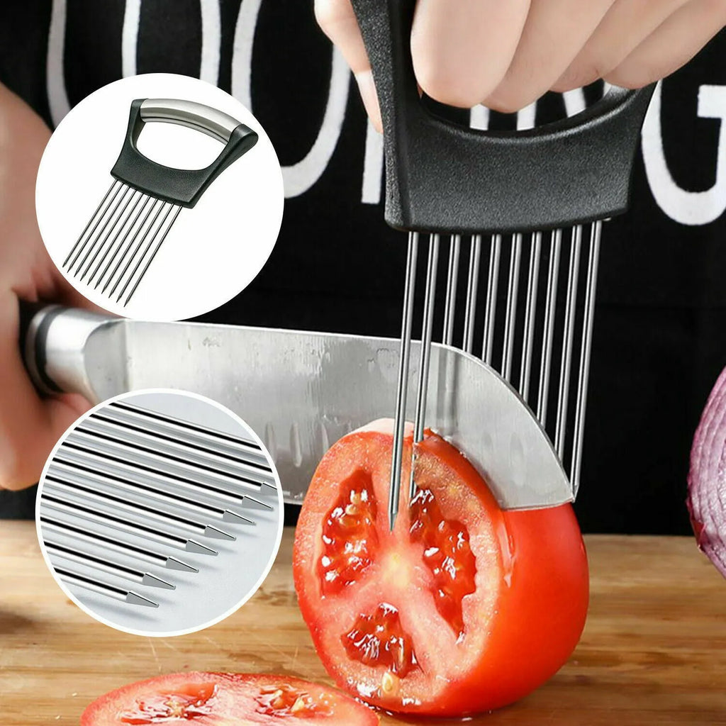 Stainless steel onion and tomato holder slicer with ABS handle on a kitchen worktop.