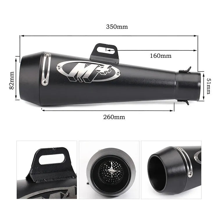M4 universal motorcycle exhaust pipe in black finish, showing mounting hardware for large displacement bikes.