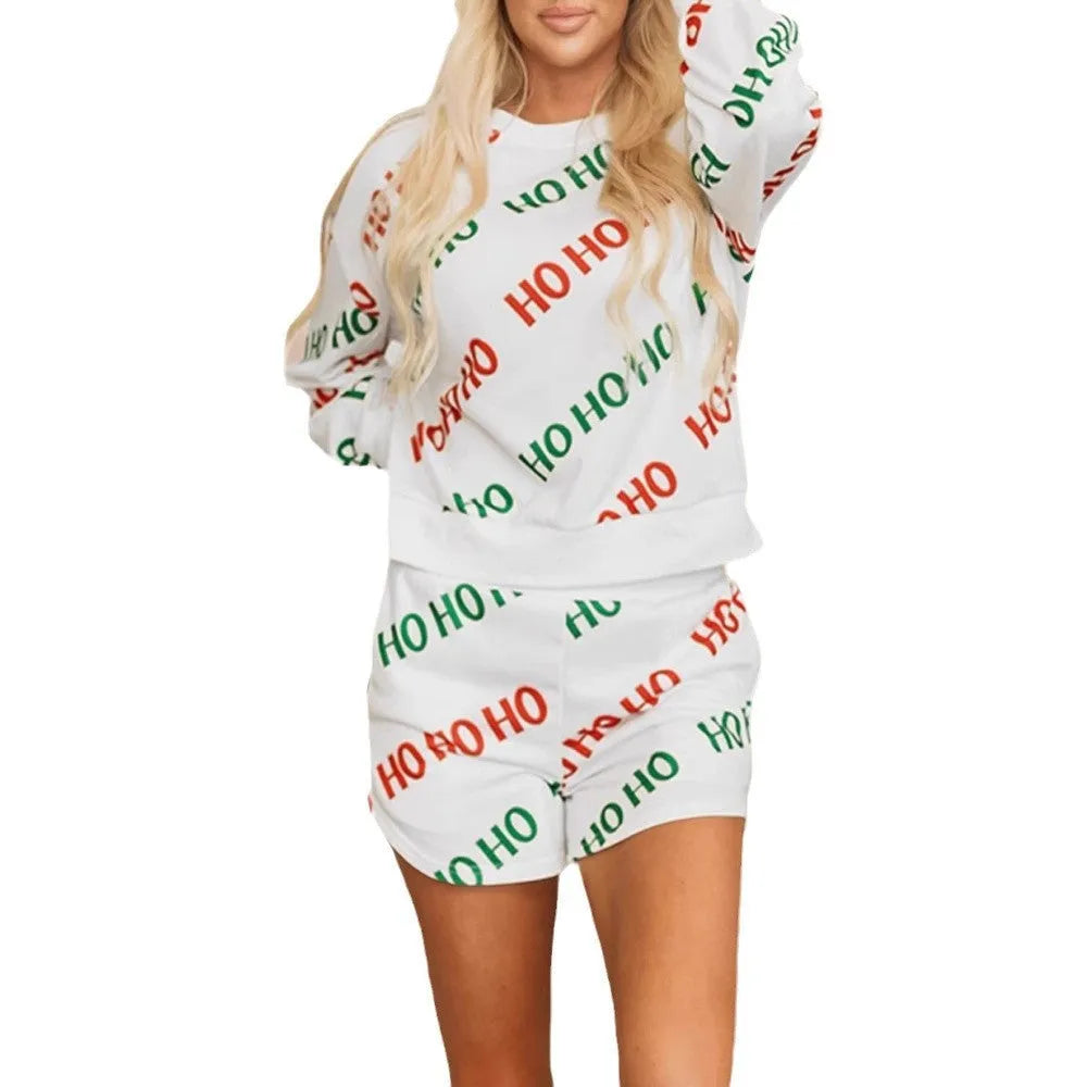 Women's white polyester two-piece suit with letters printed design and long sleeves