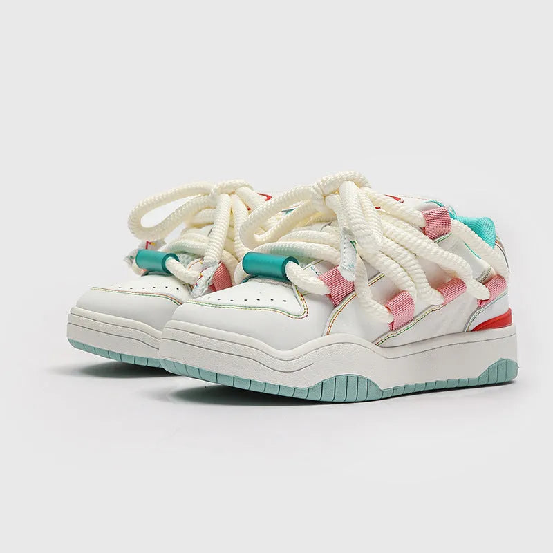 Unisex casual lace-up shoes with thick rubber sole in various colours including denim blue and milky white