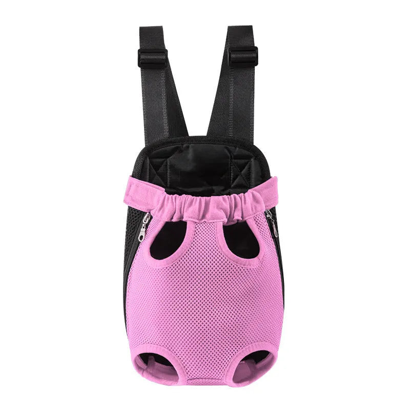 A person wearing a black dog carrier backpack containing a small dog, showing the mesh panels and adjustable straps.