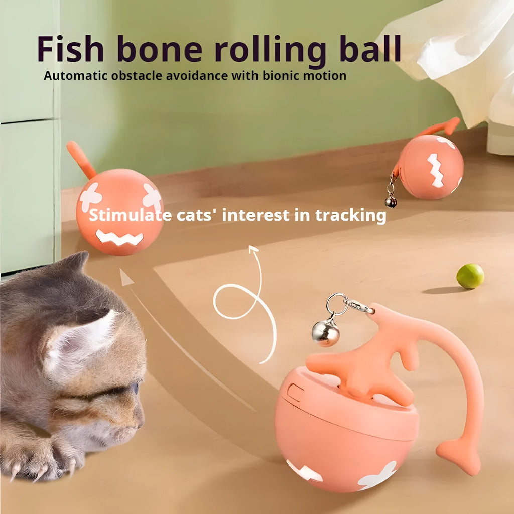 USB electric cat teasing ball with fish bone design and replaceable feather stick in blue, pink, and yellow colours