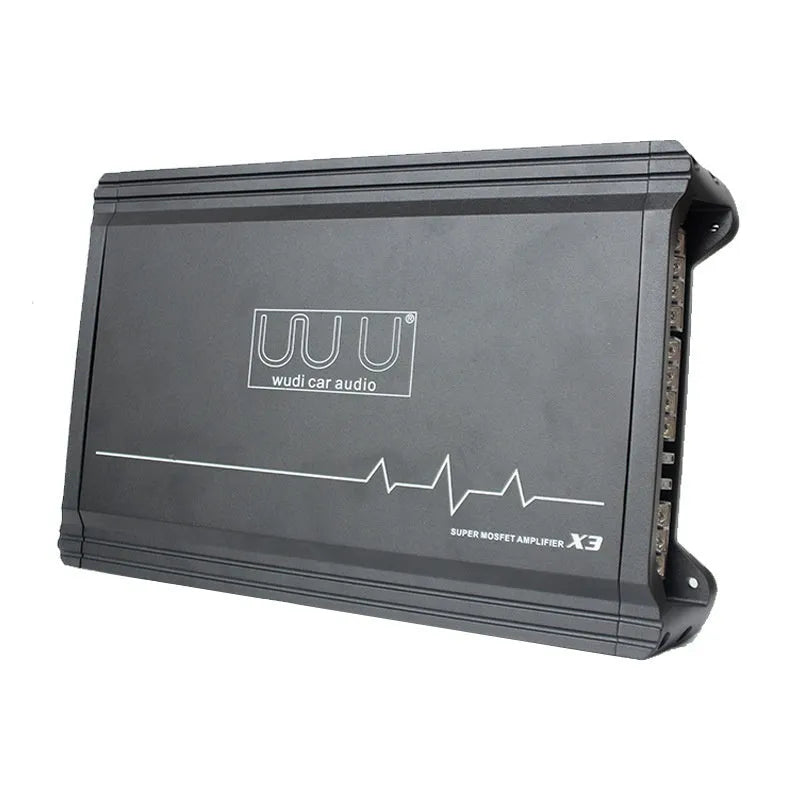 X3 car audio four-way amplifier with aluminium alloy casing and heatsink fins