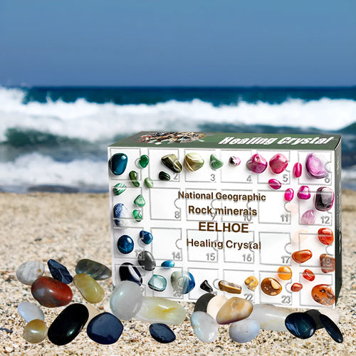 Ore green gift box with a hinged lid open, showing 24 small interior compartments for jewellery or gemstones.