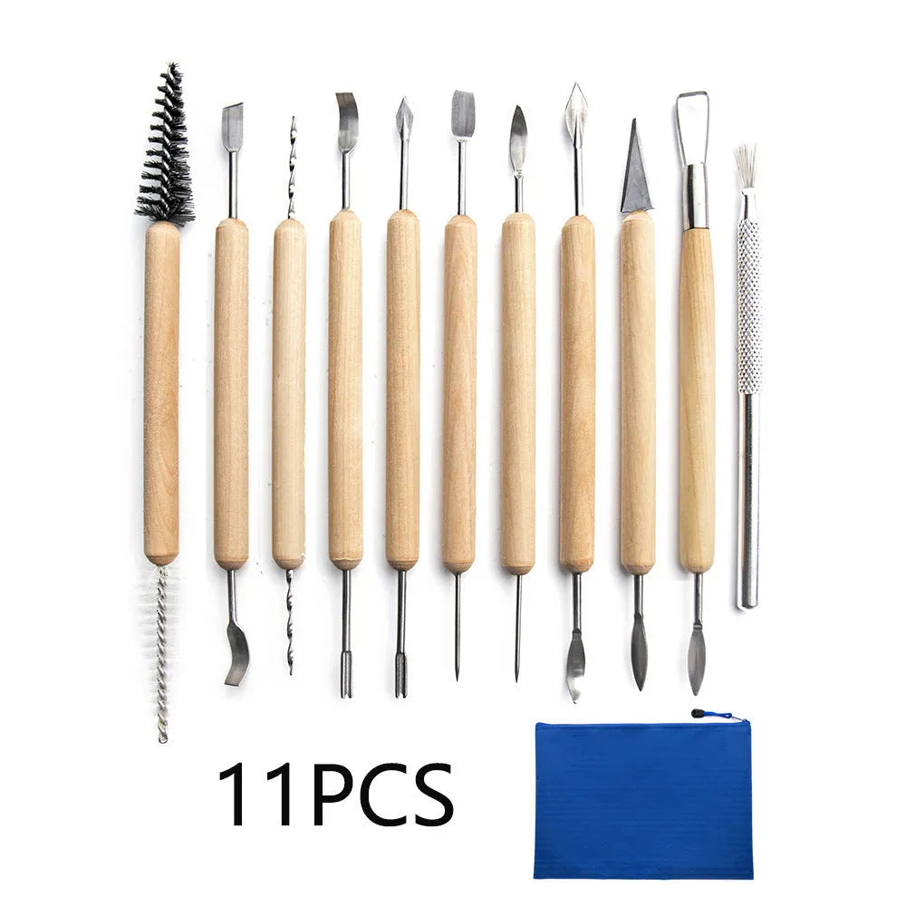 11 piece pottery clay tools set with wooden handles and stainless steel blades