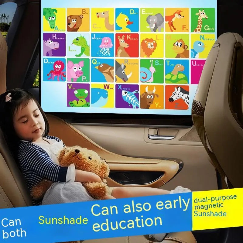 Automatic retractable car sunshade with magnetic fixing showing cartoon animal letters design