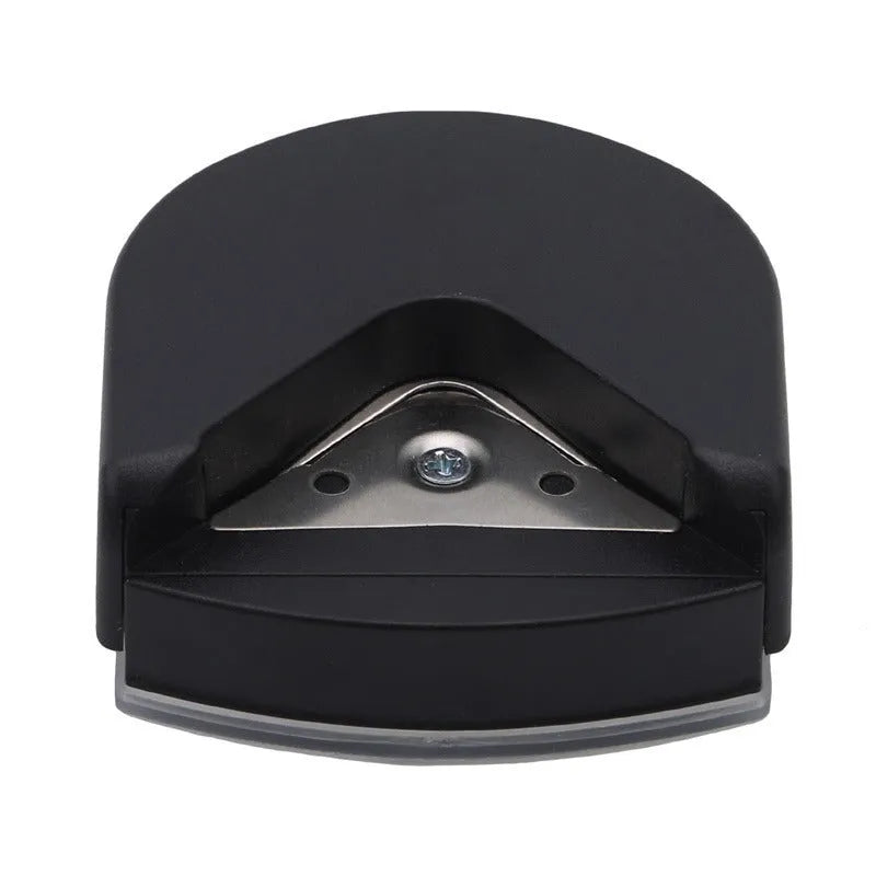 Black, blue, and pink plastic and metal business card corner cutter tool on a white background.