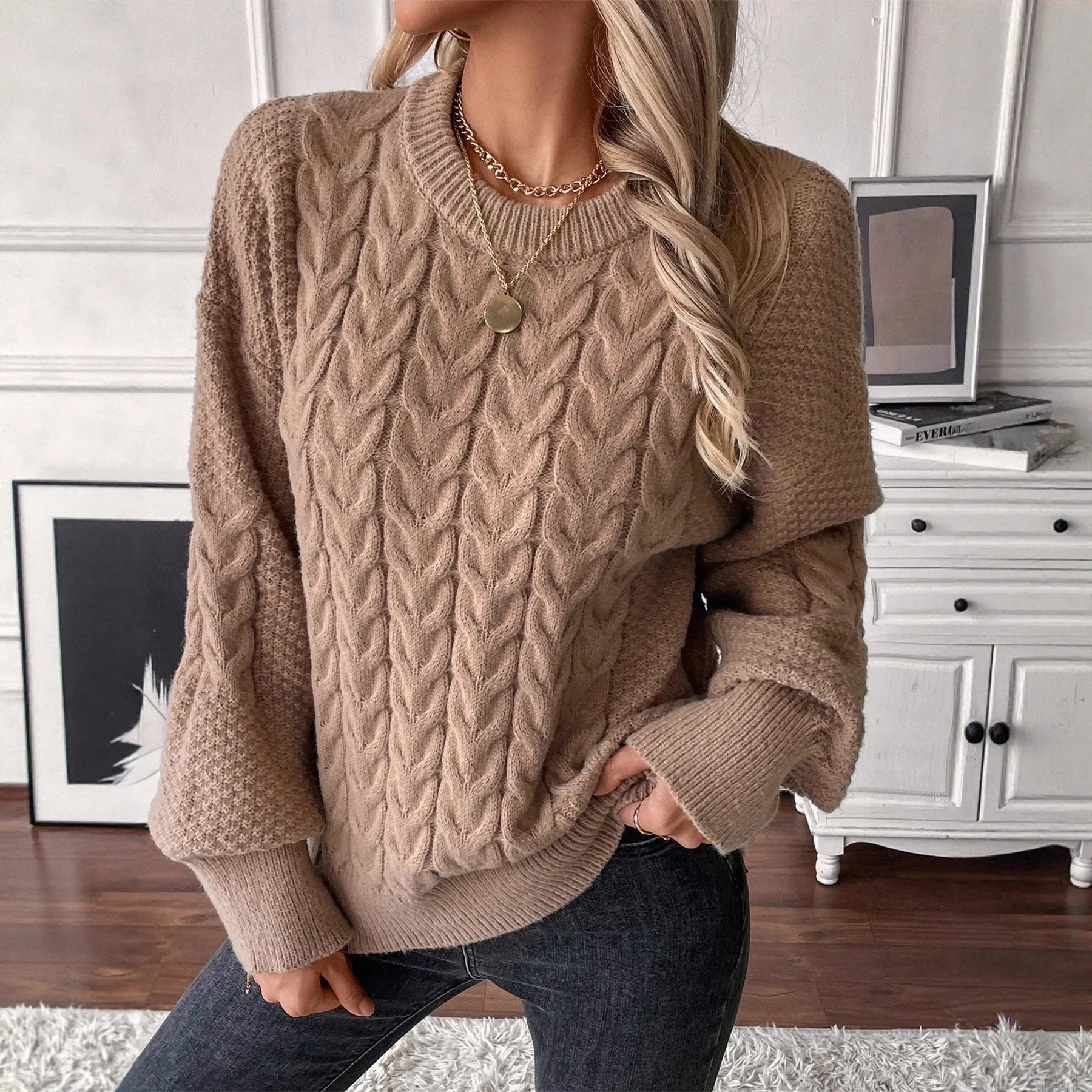 Women's round neck sweater with twist texture in khaki colour, showing loose casual fit