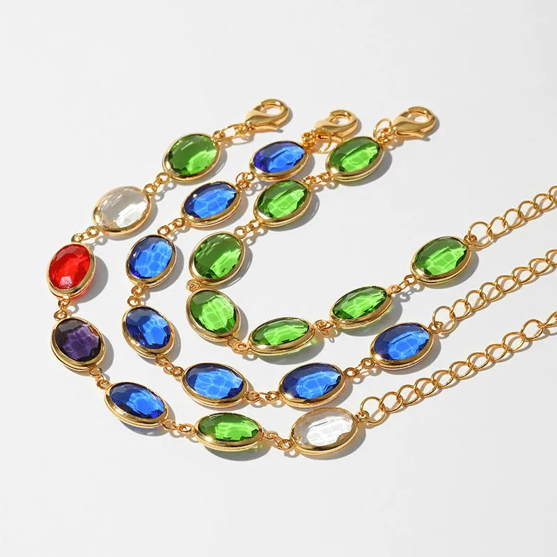 Women's geometric ellipse bracelet with glass inlay accents on copper base in blue, green, and multicolor options