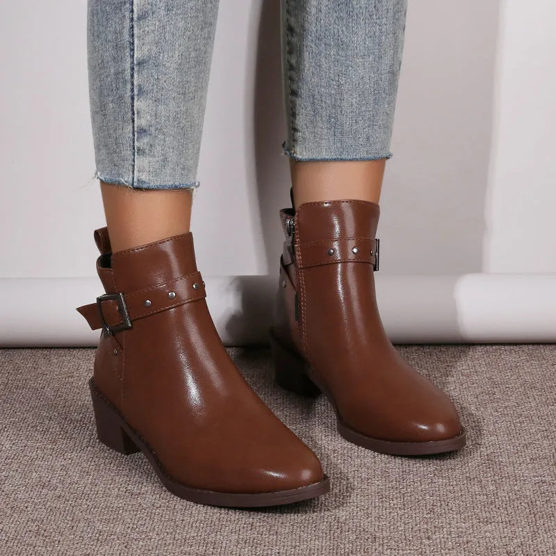 Retro chunky heel martin boots with studded buckle, pointed toe, black faux leather, size 36-42