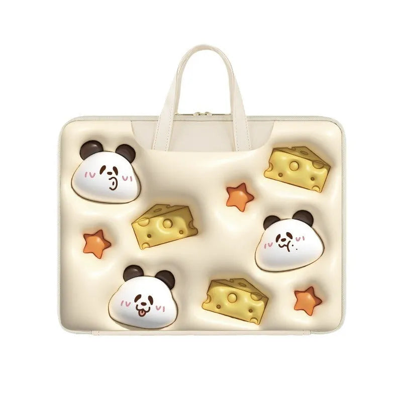 Inflatable PU leather laptop bag with cartoon design hanging from suitcase handle