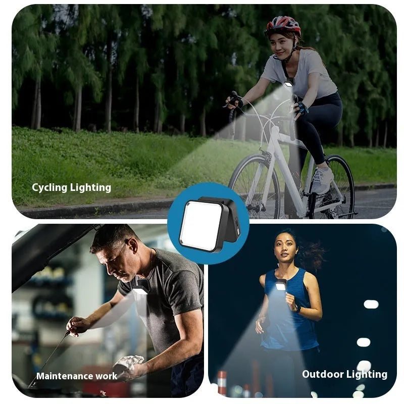 Clip-on LED camping lantern in black, clipped onto a bag, with rechargeable light for night use
