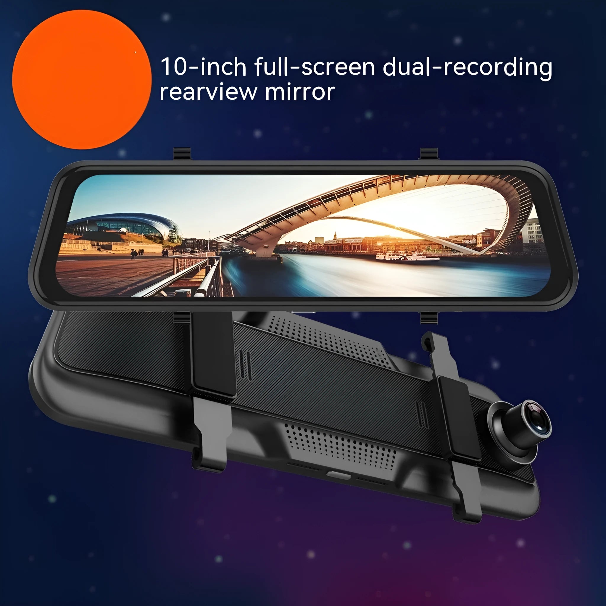 Black rearview mirror driving recorder with 10-inch touch screen display mounted in vehicle