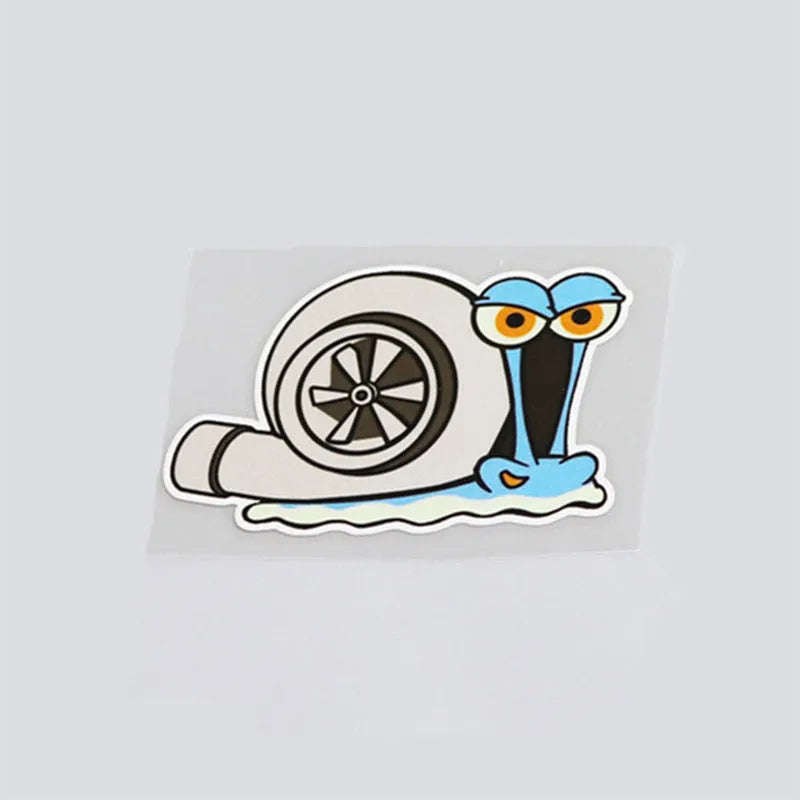 White reflective cartoon snail car sticker measuring 12 by 8 centimetres.